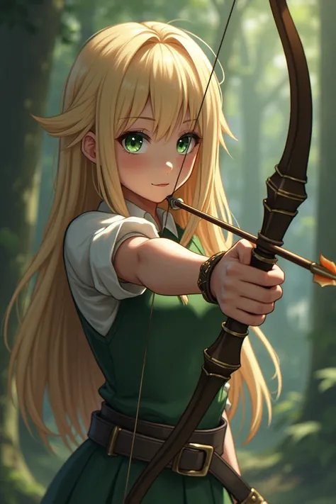 ((best quality)), ((masterpiece)), (detailed), perfect face

And anime girl with blonde hair and green eyes with ran skin pointing her bow and arrow at a hybrid beutiful woman with purple eyes and pale skin.

Make the back ground a forest.