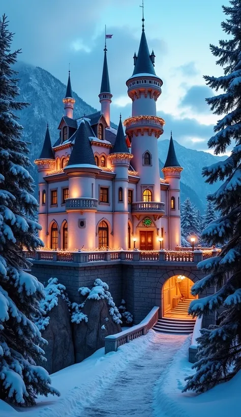 A breathtaking view of the European-style castle from the front, with grand steps leading up to its entrance, adorned with Christmas wreaths and garlands. The tall spires tower over the scene, glowing with warm festive lights. Snow gently falls around the ...