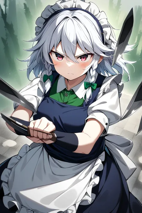 1girl, izayoi sakuya, touhou, solo, maid headdress, maid, apron, short sleeves, dress, closed mouth, white apron, looking at viewer, maid apron, puffy short sleeves, frills, puffy sleeves, black dress, frilled apron, hair between eyes, outdoors, blush, thr...