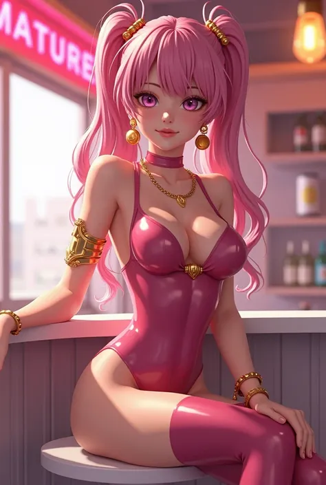 anime, a sexy young japanese woman with beautiful smile, gorgeous, ultra detailed, pink hair in high definition ponytail, wearing a flashy latex body, golden earrings, golden necklace, golden bracelets, erotic, sitting on a bright white high bar stool, bes...