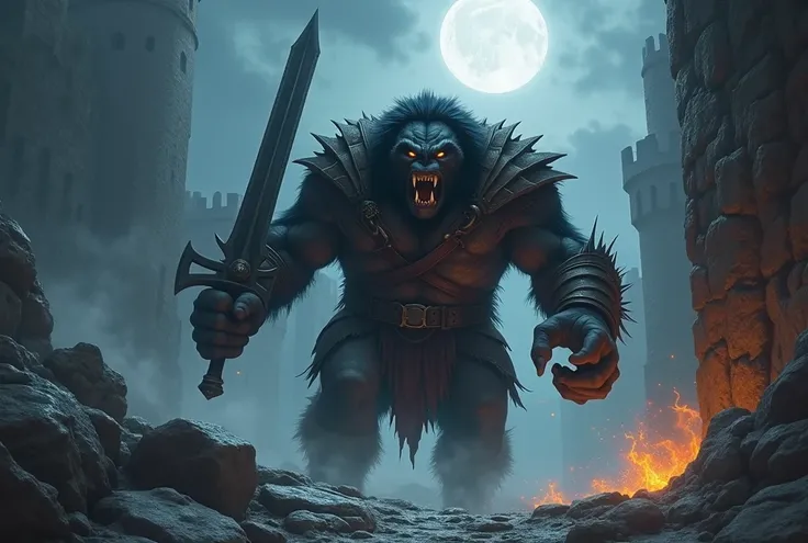 Gaint Black Gnoll wear leather armor and cloak with greastsword attack and destroy wall castle at night