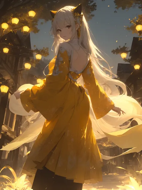 (( Alina , 【8k, masterpiece: 1.3)), 1girl,  fox-like slim ，With 9 syrups ， with a burning golden hue on a dark night ， Japanese city ambient lights and dim lights focused on girls， and with the effect of light and shadow caused by illuminated auroras .