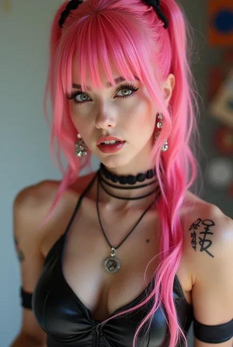 Latex costume young Japanese woman Pink hair High definition ponytail flashy earrings flashy necklace flashy bracelets Erotic