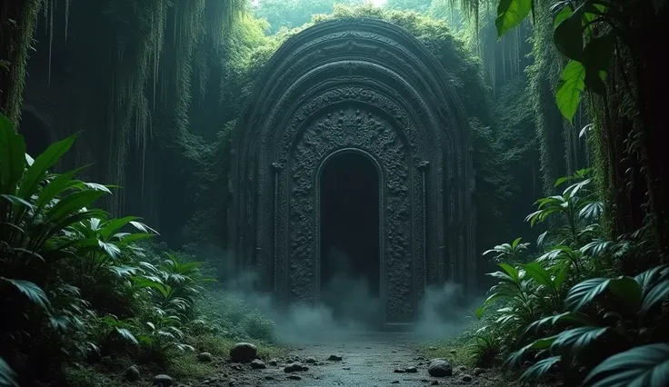 A hidden, enigmatic doorway stands partially ajar in the heart of a dense, primeval jungle, shrouded in mist and shadow. The portal is intricately crafted from dark, otherworldly bone, its surface etched with elaborate, biomechanical patterns reminiscent o...