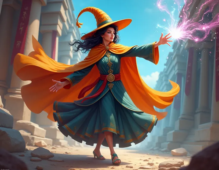  a comical sorceress, wearing a brightly colored cape and a pointy hat. Her spells were now magic tricks with great mastery of martial arts and warrior
