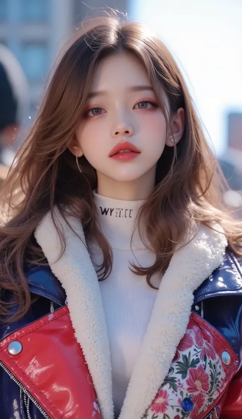 (masterpiece, Best picture quality, 8k), Real photo,Idol appearance, adult,  perfection of fashion,  Korean makeup, Lip Tint, whole body, A faint smile, Busy City Streets, Clear weather, Exquisitely Painted , Realistic, Outdoor,  Ultra High Definition, 3D ...