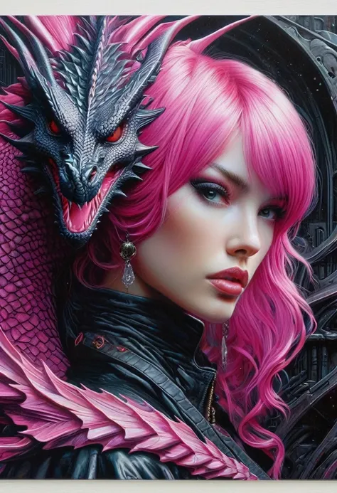 Cyberpunk l close up pink haired female with a black dragon behind her, portrait, clear sharp focus, featuring a dark and eerie atmosphere hyper realistic, 8K professional photography art, photorealistic masterpiece: by aaron horkey and jeremy mann: intric...