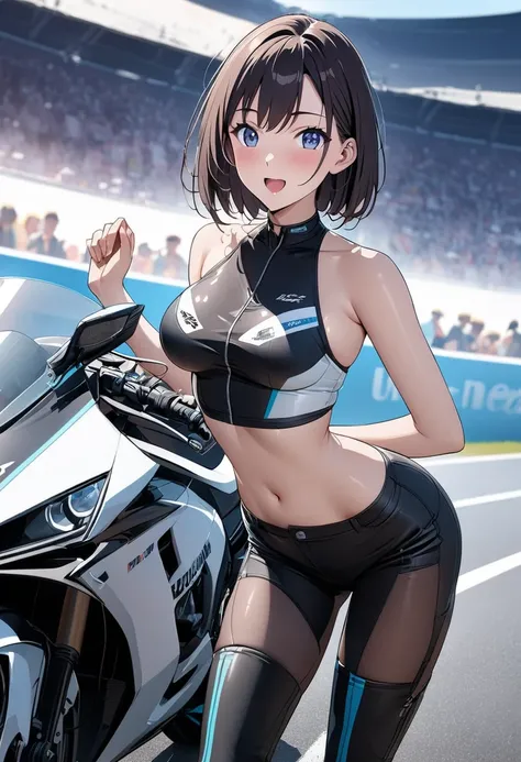  best quality、 Ultra Precise 、Detailed drawing、 vibrant colors、alone、Beautiful girl 、Age 30、circuit、audience、racing motorcycle 、Stand on the side of a motorcycle、sun、 Race Queen、Close to the body、 high heel boots、、 very ecstatic expression 、 seems to be ha...