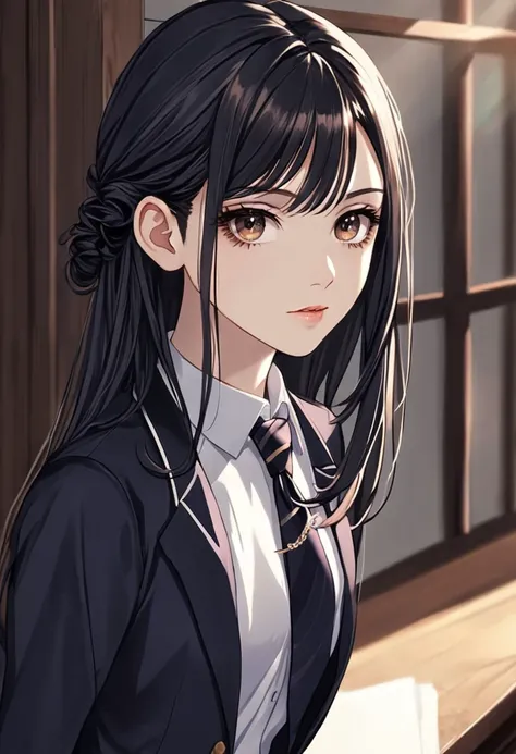 A young adult girl in a school uniform with long, sleek black hair, a middle-part hairstyle, and dark brown eyes. Use Mika Schneider as inspiration.