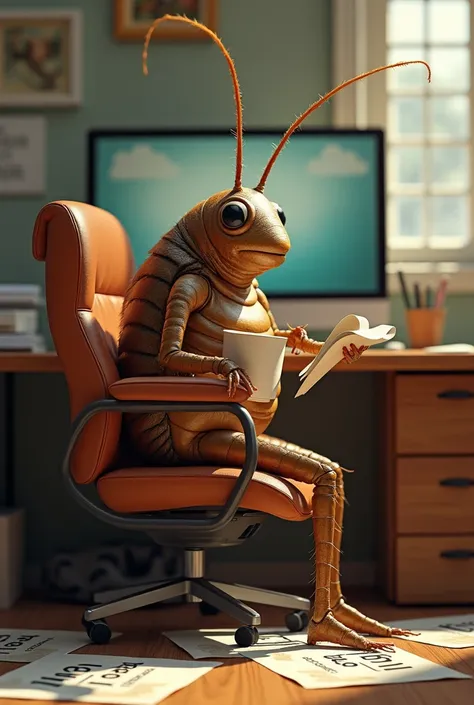 Cockroach with telegram on at his computer sits in chair and drinks coffee posters with text betewin on floor