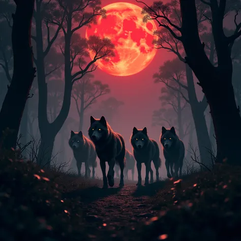 Dark forest in the middle of the night ， The red moonlight shines through the leaves， A group of wolves ready to hunt in the forest ， realistic style 