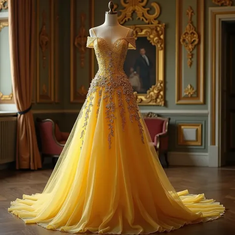 Create a fabulous sparkling yellow dress for an autumn ball at the castle. the dress is a little far from the camera, hanging on a mannequin , at the back, the castle room background .