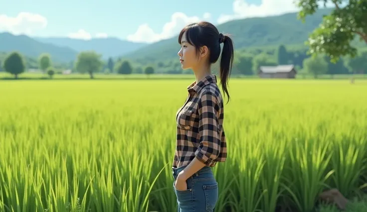 A young woman wearing a plaid shirt and jeans stands by the edge of a rice field. A country atmosphere.