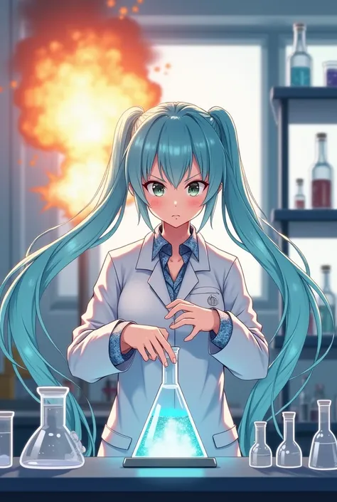 
Light blue long hair、Beautiful girl with twin tails、Wearing a white coat during a chemical experiment、Serious face、Bright laboratory、beaker、flask、Graduated cylinder、Alcohol lamp、Huge explosion during experiment、Laboratory explosion、Surprised face、
