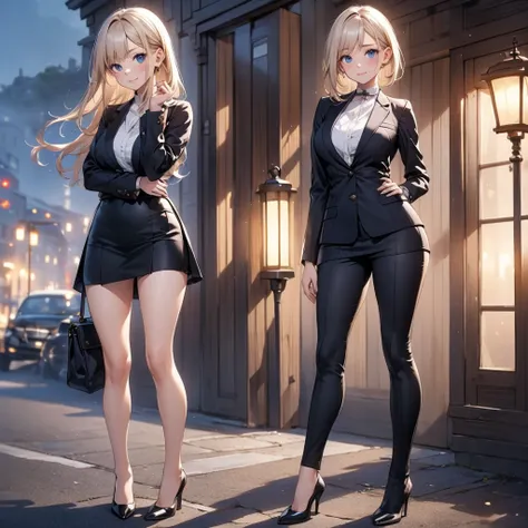 (1girl, masterpiece:1.5),(best quality, highest quality, Highest Resolution, ,Detailed depiction,Detailed Images:1.3),((whole body from toes to head, Including face)), 4K,Beautiful woman,suit, skirt, ((High heels)),slender anime girl, Age 25,(,slender girl...