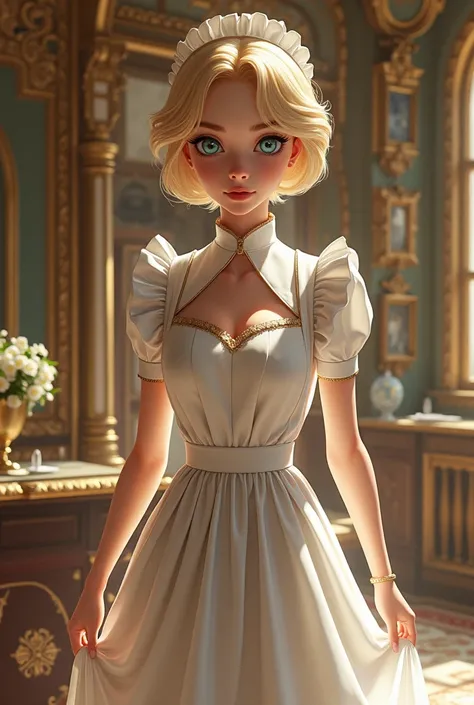 There is a maid with short hair, blonde hair, blue eyes and white skin, and this blonde-haired woman is a maid and while walking around the Mansion on an ordinary day 