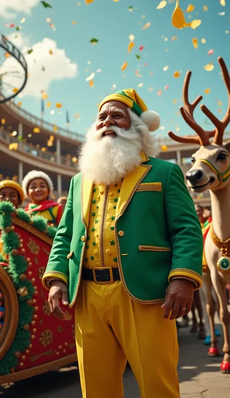 Create a realistic, 8k, uhd, high quality image of a cheerful Brazilian Santa Claus, dressed in green and yellow with a light green jacket, yellow pants and a white shirt with a pattern of Brazilian stars, christmas hood in yellow and green colors, chubby,...