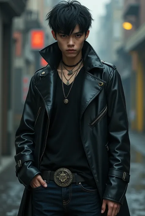 A 16-year-old boy，Chinese looks， short black hair ，Delicate and handsome ， wearing a black leather coat and dark blue jeans， with metal jewelry ， the smell of a bad teenager 