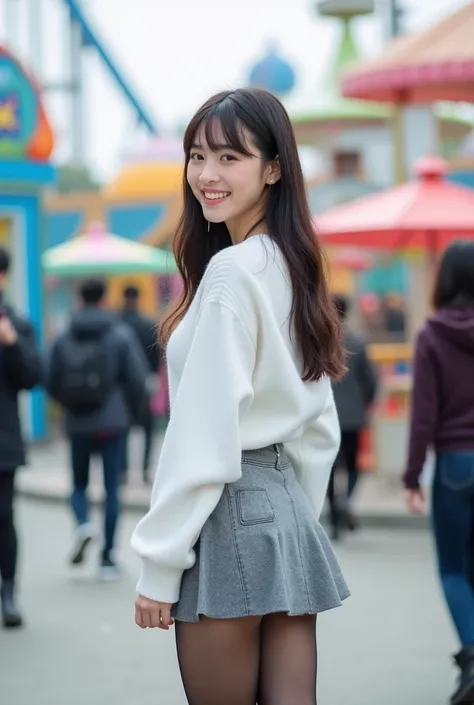 whole body, back view,trembling buttocks, A 20-year-old Japanese Woman Enjoying a Date at an Amusement Park,cute,Idol,Idol, Portrait,Model,Long Hair,bangs, small breasts,Gloss, gray skirt ,( small ass ),white short knit, Sheer Black Stockings , black long ...