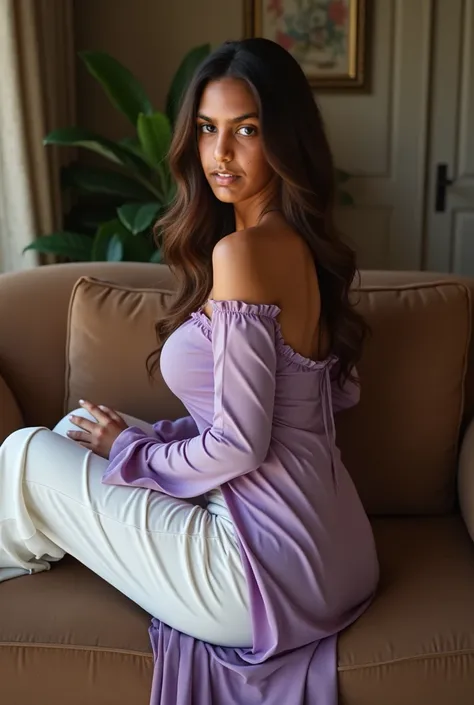 1 hot women sit on sofa wearing wet Womens light purple Pure Cotton tight light Kurta and white loose Afghani salwar, curvy model, beautiful model girl, perfect body, sexy girl  ,lovely woman, brown hair and a perfect body, very attractive and beautiful, b...