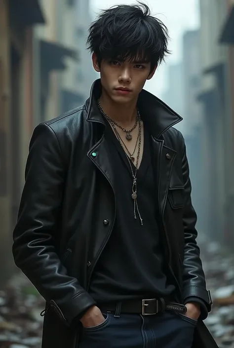 A 16-year-old boy，Chinese looks， short black hair ，Delicate and handsome ， wearing a black leather coat and dark blue jeans， with metal jewelry ， the smell of a bad teenager 