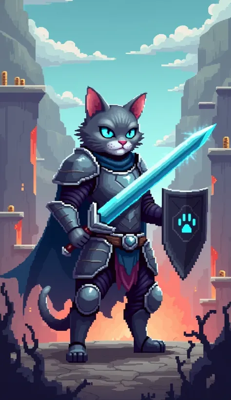 It stands on its front two legs.

A gray tabby cat stands on a pixelated landscape, dressed in a pixel-art suit of armor with a glowing sword in one paw and a shield with a pawprint emblem in the other. Its sharp blue eyes stare forward as if challenging a...