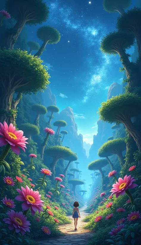  Viral anime nature wallpaper in 4K ,  in the illustration style inspired by Akira Toriyama ,  featuring a fantastic jungle with huge plants , vibrant flowers and exotic animals ; Bright and fun color temperature ,  cosmic lighting with twinkling stars in ...