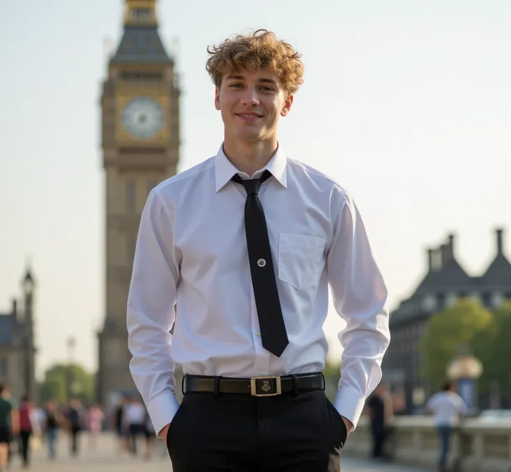 A highly detailed, photorealistic image of attractive Korean-British man, 18 years old, with fair skin. Casual outdoor Portrait, Front Angle, Eye-level Shot A, he is enjoying a sunny day, standing confidently with a soft smile. He is also handsome, masculi...