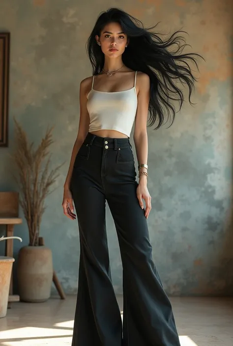  girl , 20 years,  Black hair , flared pants,white mother,  art