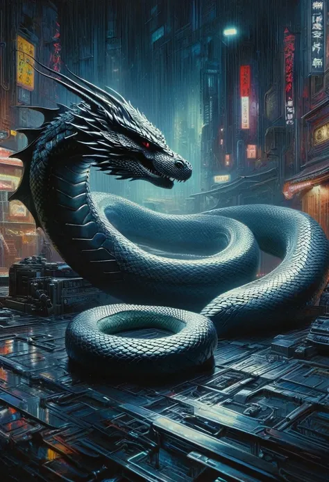 Cyberpunk background with a white anaconda on top of the frame and black dragon on bottom of the frame, clear sharp focus, featuring a dark and eerie atmosphere hyper realistic, 8K professional photography art, photorealistic masterpiece: by aaron horkey a...