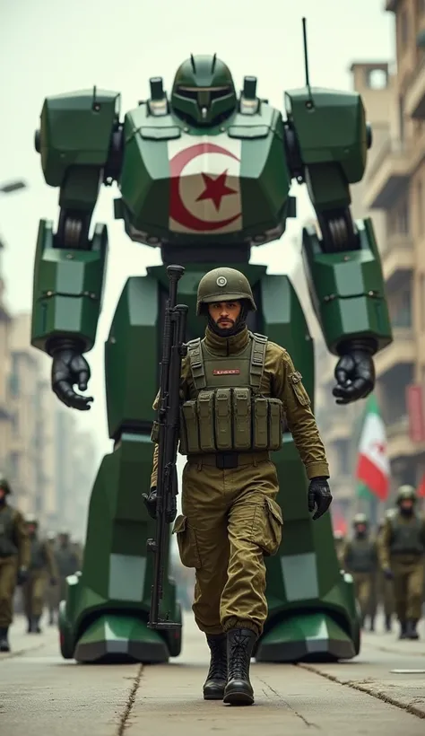 "An Algerian soldier in full military uniform, holding a weapon, marches in front of a giant combat robot. The robot is designed with the green and white of the Algerian flag. Both march in formation down an Algerian street, symbolizing strength and defens...