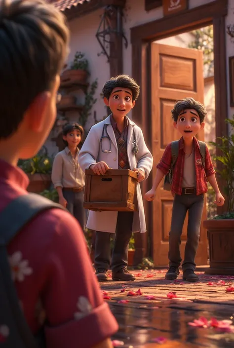 A doctor with a crate talking to a boy with a shocked face. The background has one door open.