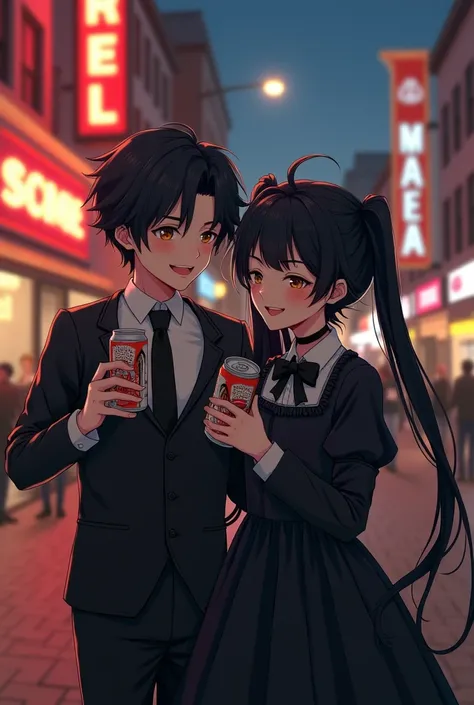  2 boys in their mid-teens who look like dolls、 black hair、 twin tails、 black gothic lolita dress 、 all 2 cans are holding canned beer 、 downtown at night、Bowsers Stone Statue、In front of the movie、 laughs、3d