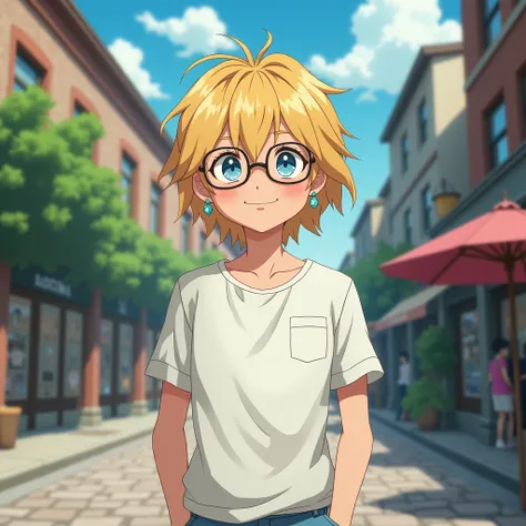 best quality, high quality, ghibli style, howl (howl no ugoku shiro),
1boy, bangs, blonde hair, blue eyes, crystal earrings, earrings, hair between eyes, jewelry, front shot, male focus, medium hair,  solo, smiling, He wearing thick-rimmed glasses, Hes wea...