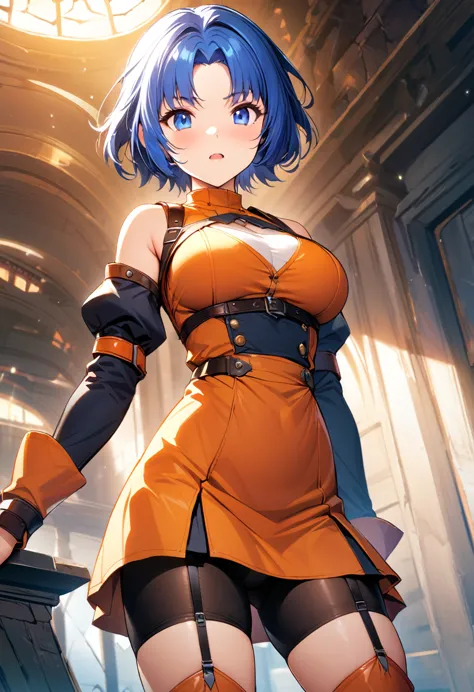 (masterpiece,best quality,high resolution,ultra detailed,game cg),srw_kusuha,1 girl,solo,blue hair, parted bangs, short hair, bl...