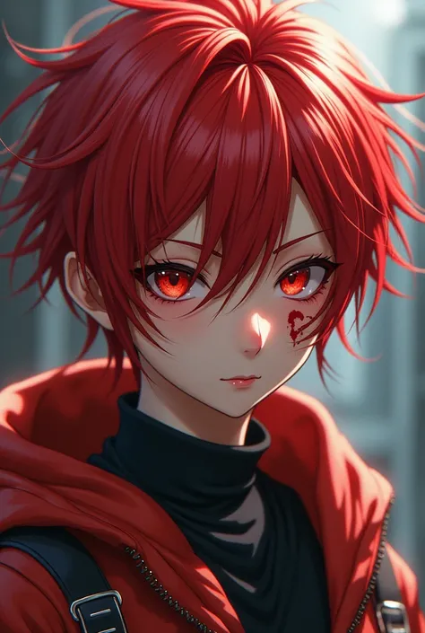 A manga character with red hair, red eyes, and a scar under the eyes.