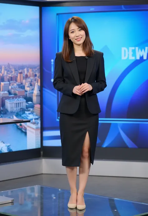 A Japanese very beautiful young female anouncer, 22years old, Reporting some news in a TV studio, From the front, Brown hair, beautiful legs, Smiling, 