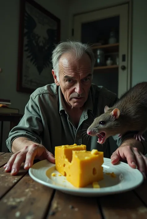 A guy eating a cheese and the rat killing him