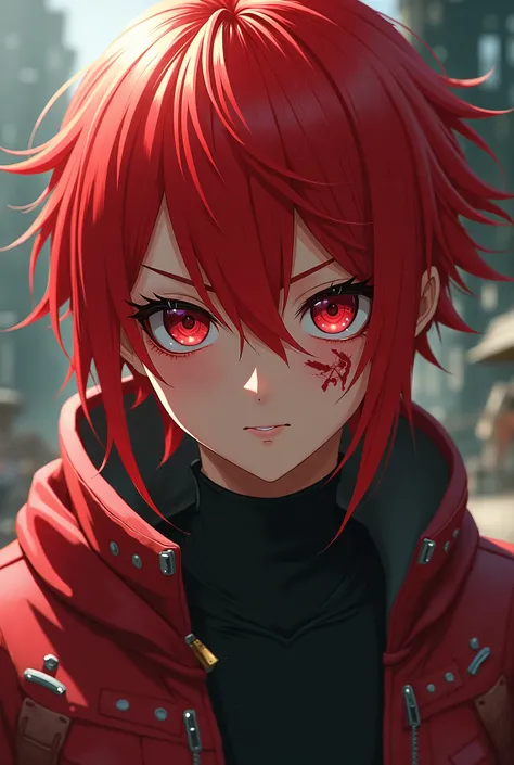 A manga character with red hair, red eyes, and a scar under the eyes.