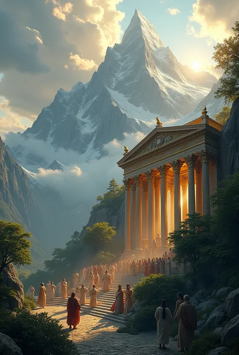 Mount Olympus, home of the Greek gods.with a mighty mansion with the greek gods arguing 