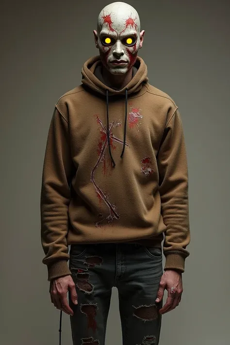 Appearance: Brown sweater with cuts, seams and ((Worker Drone blood)) oil stains on it. A torn and ((Workert Drone blood)) oil-stained, seamed dark gray pants. On his head is a ((Worker Drone blood)) oil-stained mask sewn together that covers his mouth. Hi...