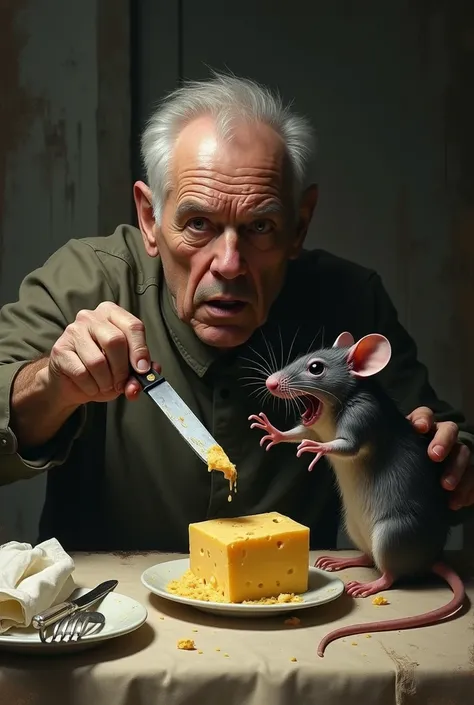 A guy eating a cheese and the rat killing him with knife 