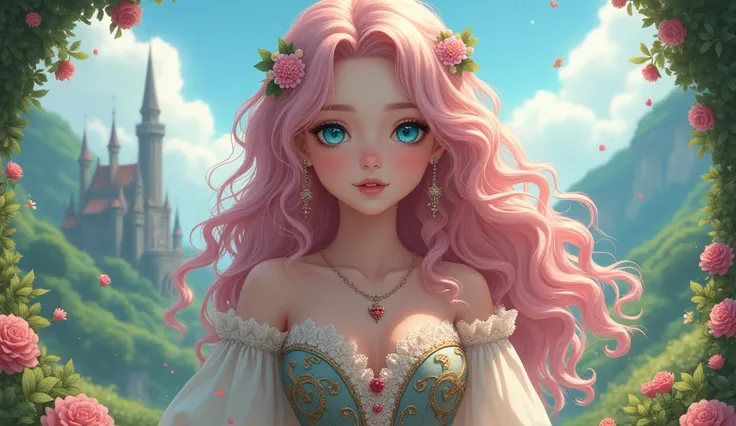 curly girl , with long dirty pink hair and aquamarine eyes in a medieval dress to the fullest, to the beautiful anime-style background landscape