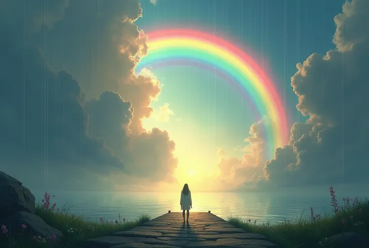 The other side of the rainbow bridge,
A space of hopes and dreams,
A sparkle of colors,
A path that leads to a new world,
In the silence after the rain,
A single ray of light appears,
At that moment, in my heart
a gentle breeze blows through my heart,
Stan...