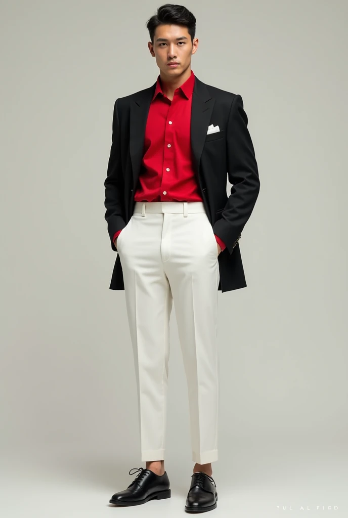 Generate a white pants red shirt black suit fit
