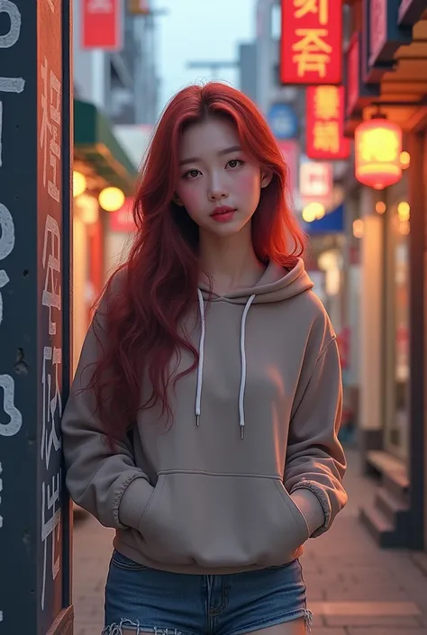 Beautiful Korean Woman Long Hair Unraveled Light Maroon Color Wearing Hoodie Short Jeans Shoes Casual Pose Professional Model Is Standing Leaning on Roadside Wall Many Handwritten Background Street Shops Colorful Color Lights 