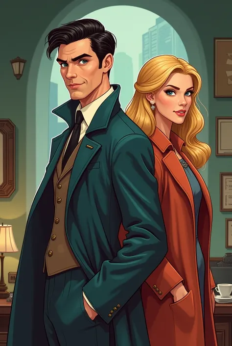 (Vintage cartoonic vibes) a handsome detective with black hair and blue eyes and his asistant with blonde hair and hazel eyes  (a book cover)