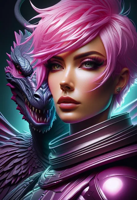 Cyberpunk l close up pink haired female with a black dragon behind her, portrait, clear sharp focus, featuring a dark and eerie atmosphere hyper realistic, 8K professional photography art, photorealistic masterpiece: by aaron horkey and jeremy mann: intric...