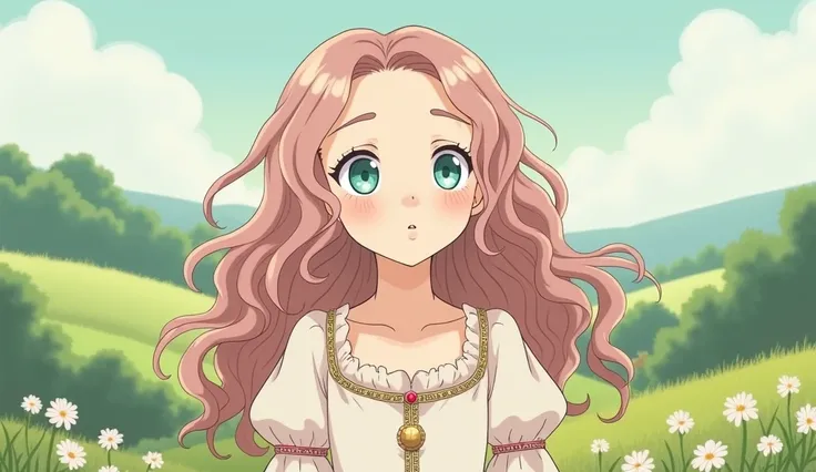 curly girl , with long dirty pink hair and aquamarine eyes in a medieval dress to the fullest, to the beautiful landscape in the background in a simple anime drawing