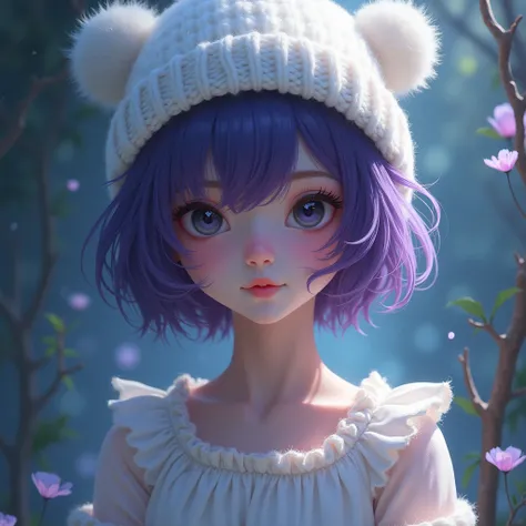 girl purple short hair black eyes white knitted hat